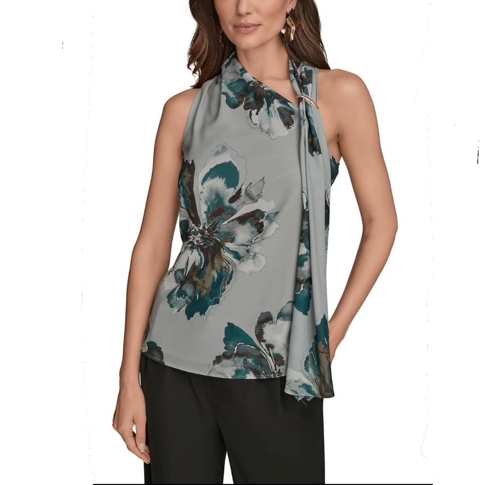 Donna Karan Floral Sleeveless Draped Shoulder Top